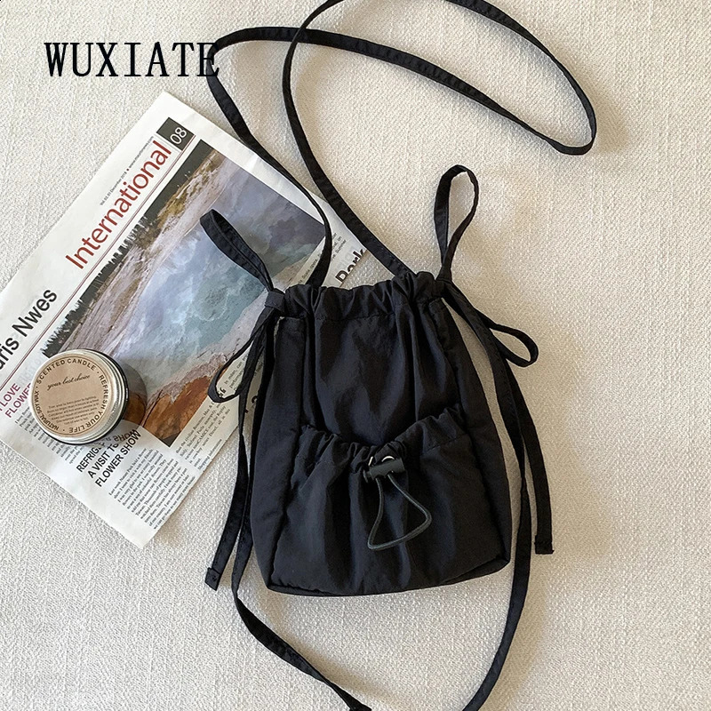 Wuxi womens drawstring small square bag nylon shoulder bag pleated niche cross body bag 241105