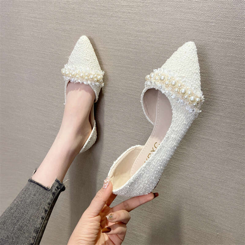Pearl Decoration French Shallow Mouth Single Shoe Women's Korean Version Spring And Summer New Style Small Fragrant Gentle Pointed Side Empty Fla