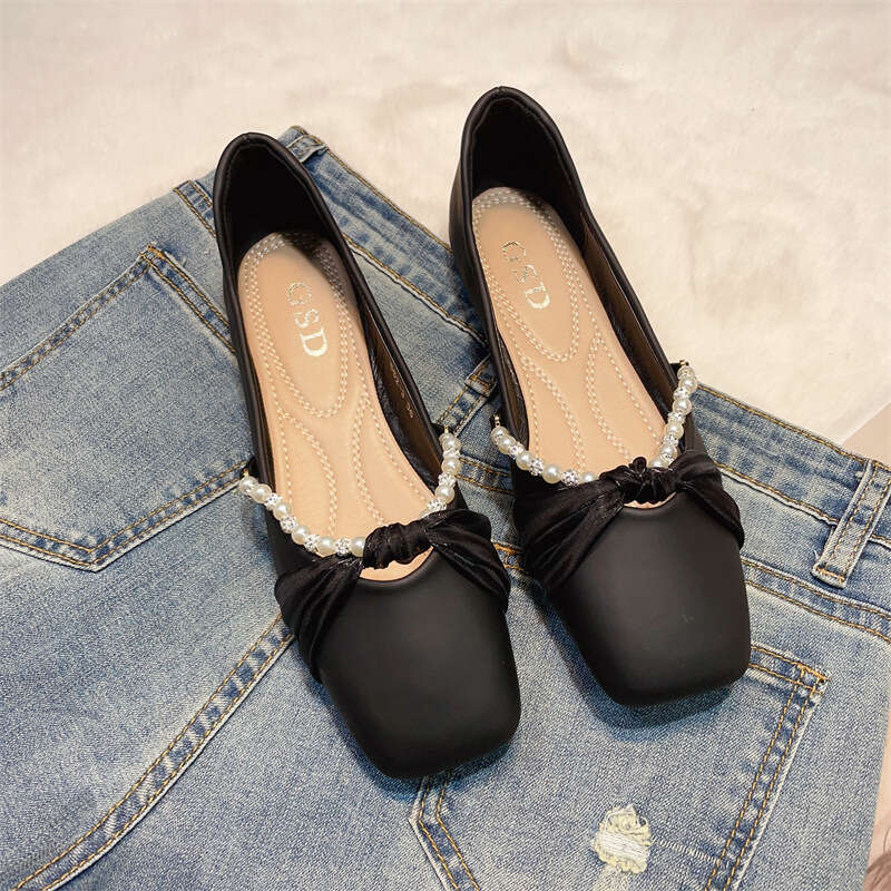 Fairy Style Evening For Women Korean Version Spring/Summer New Item Beaded Square Toe Shallow Mouth Leather Soft Sole French Women's Singles Shoe