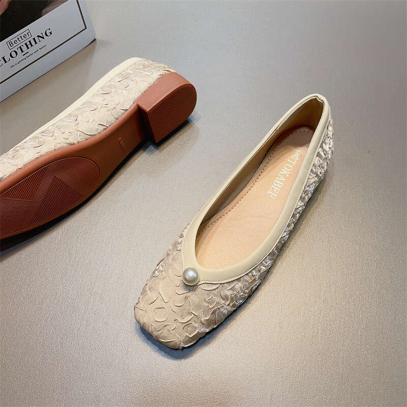 Pearl Decoration Shallow Mouth Low Heel Silk Single For Women's Spring And Summer New Korean Version, One Foot Soft Sole Square Toe Versatile Sco