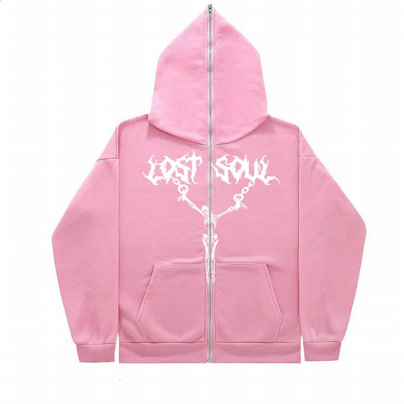 2024 Cross border Full Face Zipper Sweater American Retro Y2K Top Skull Iron Rope Printed Hoodie Coat 241105