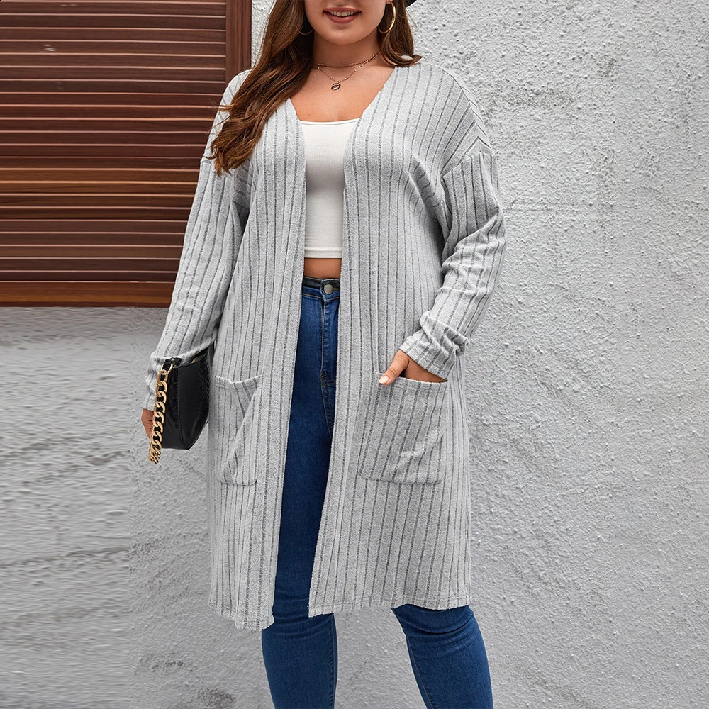 Autumn Winter Women Cardigan Knitted Sweater Plus Size Solid Long Sleeve with Pockets Warm Mid Length Lady Jacket 241105