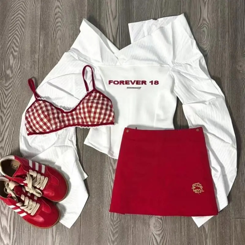 Autumn Korean Style skirt sets Women Korean Edition Checkered Strap Shirt Half Skirt 3 piece sets womens outfits y2k streetwear 241105