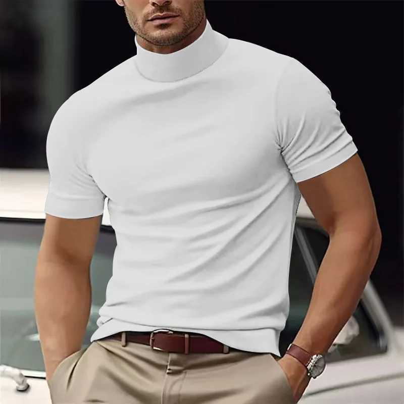 Summer New Casual T-shirt Fashion Half High Collar Slim Fit Solid Color Bottom Collar Solid Color T-shirt Simple Style Wearing W241104