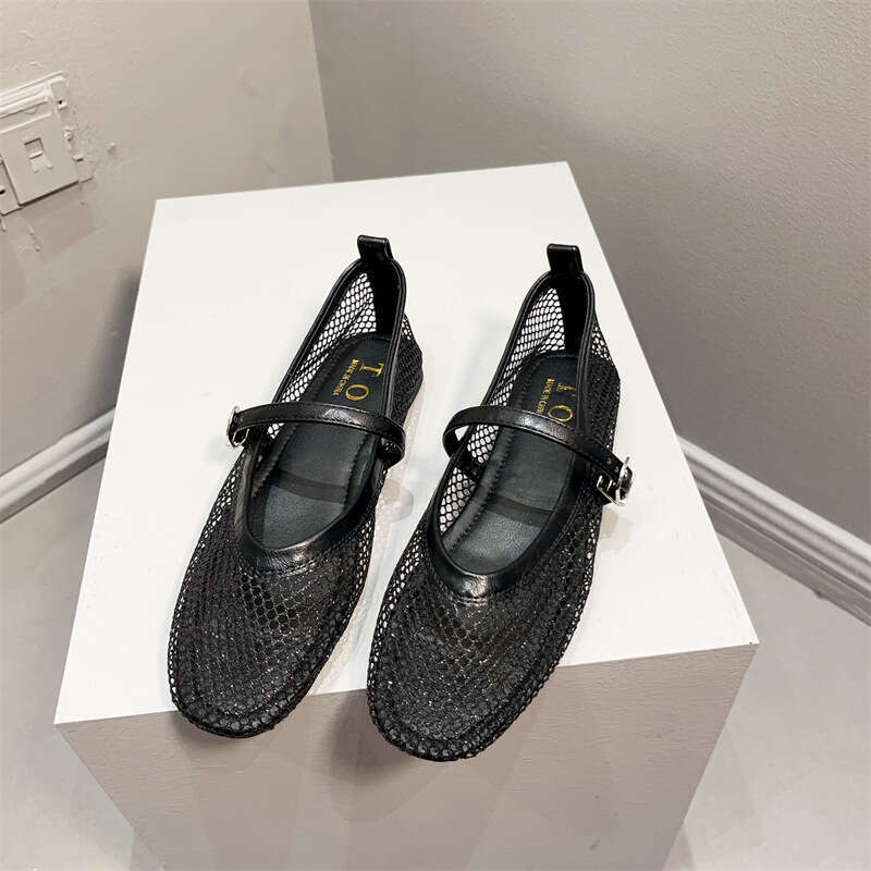 French Silver Mary Jane Shoes Women's Korean Version New Summer Flat Sole Single Shoe Shallow Mouth Mesh With Skirt Hollow Sandals