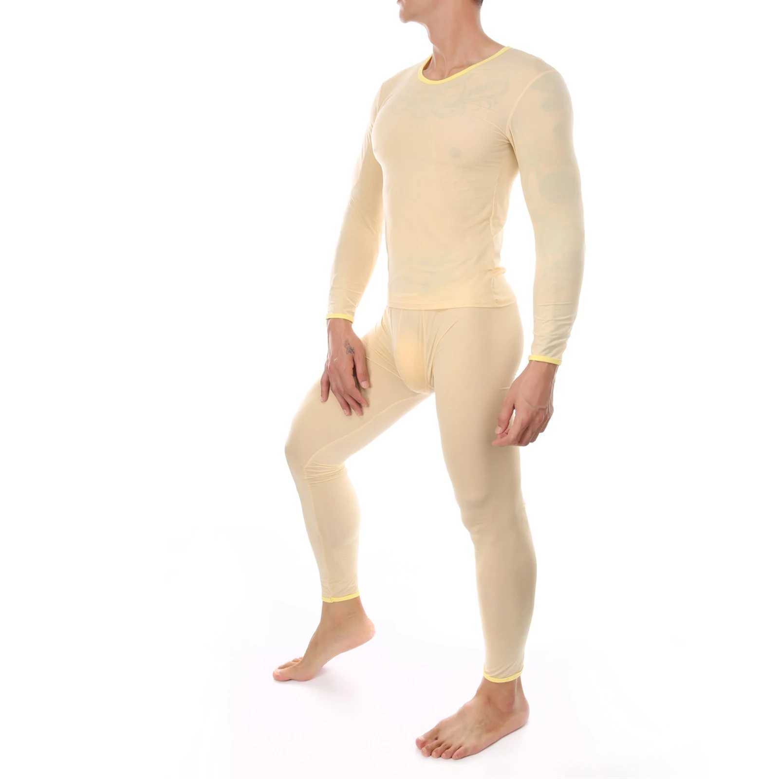 CLEVER-MENMODE Sexy Male Long Johns Mens Thermal Underwear Sleepwear Ice Silk Lounge Tight Long Sleeve Undershirt Trousers Set LX241104