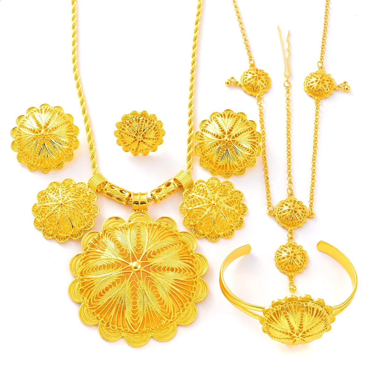 24K Gold Plated Fashion Ethiopian Earrings/Big Pendant/Ring/Bangle Jewelry Sets Gold Plate Africa Bride Wedding Eritrea Set Gift 241105