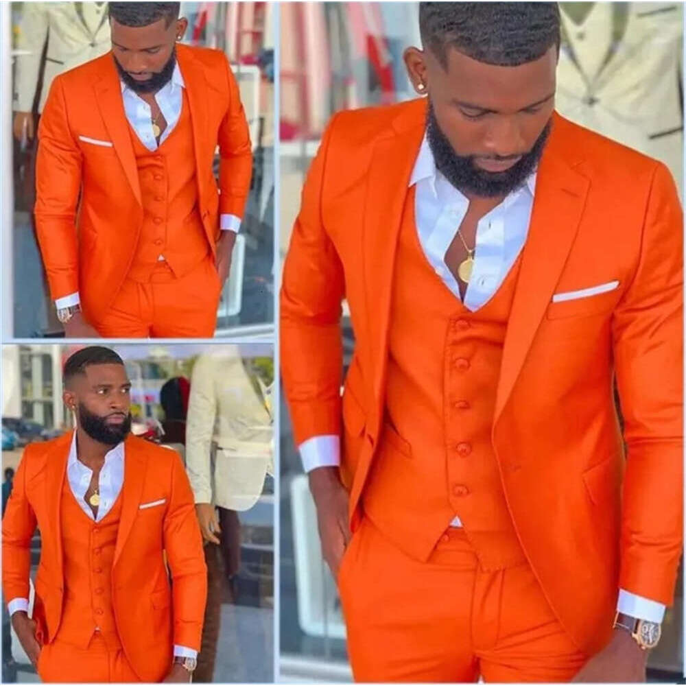 Orange Prom Suit For Men High Quality Jacket Casual 3 Piece Clothing Fashion Blazer One Button Slim Fit En Wedding Tuxedos