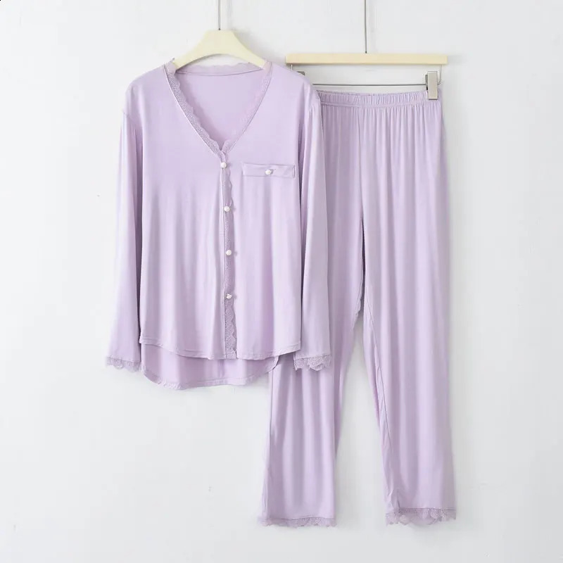 Women Sets Pajamas Sleepwear Long-sleeved Nine-point Pants suit Womens spring Autumn Casual Cardigan Home Service 241105
