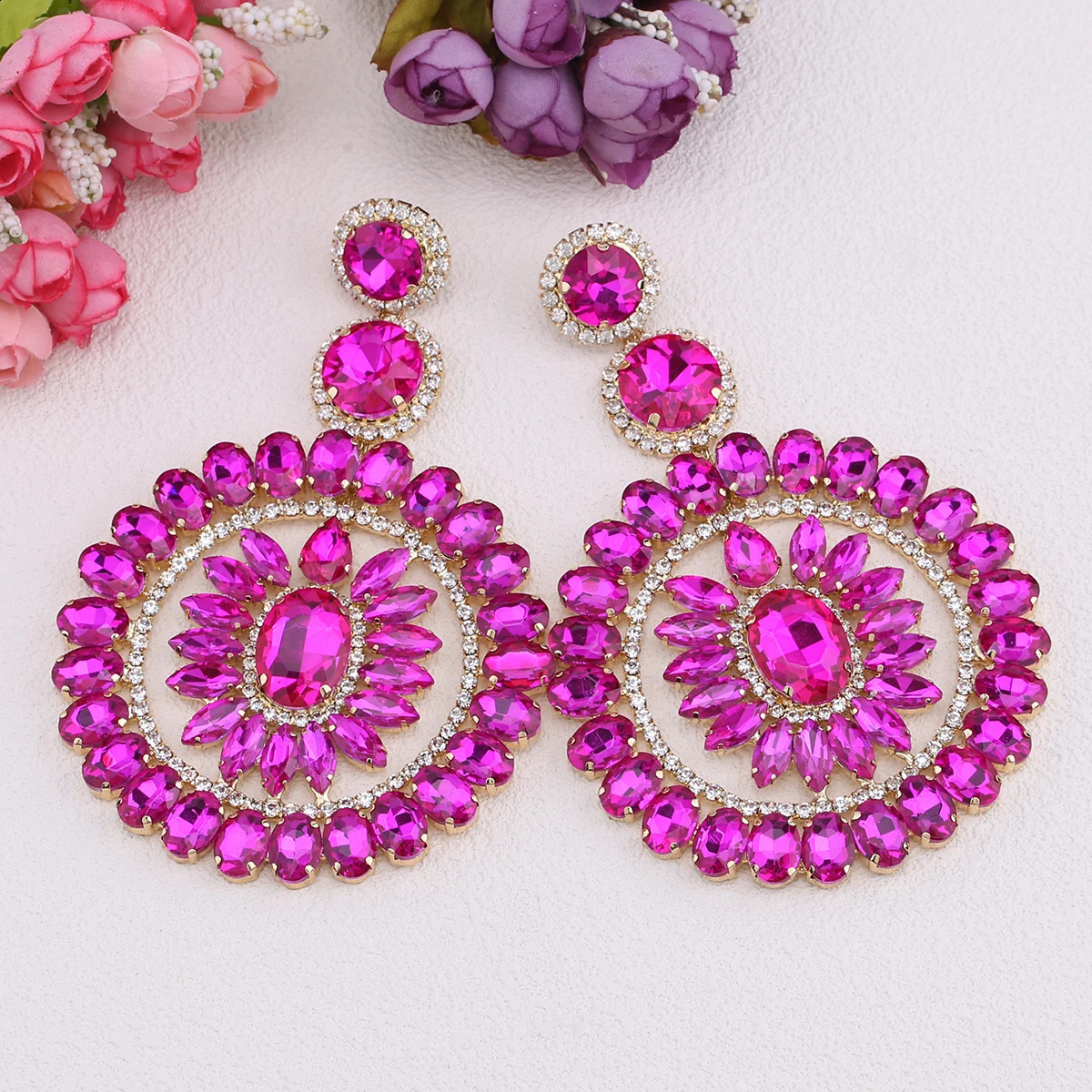 Large Dangle Earrings For Women Girl Elegant Metal Hollow Round Crystal Brincos Pendant Jewelry Accessories 241105
