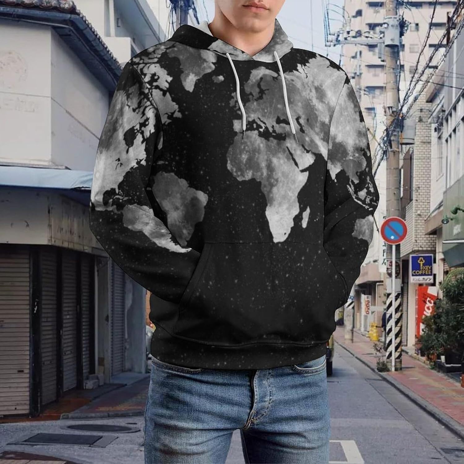 Hoodie for Mens Womens Black And White Vintage World-Map Hoodies for Men 3D Print Pullover Hooded Drawstring Loose Sweatshirt with Big Pockets Graphic