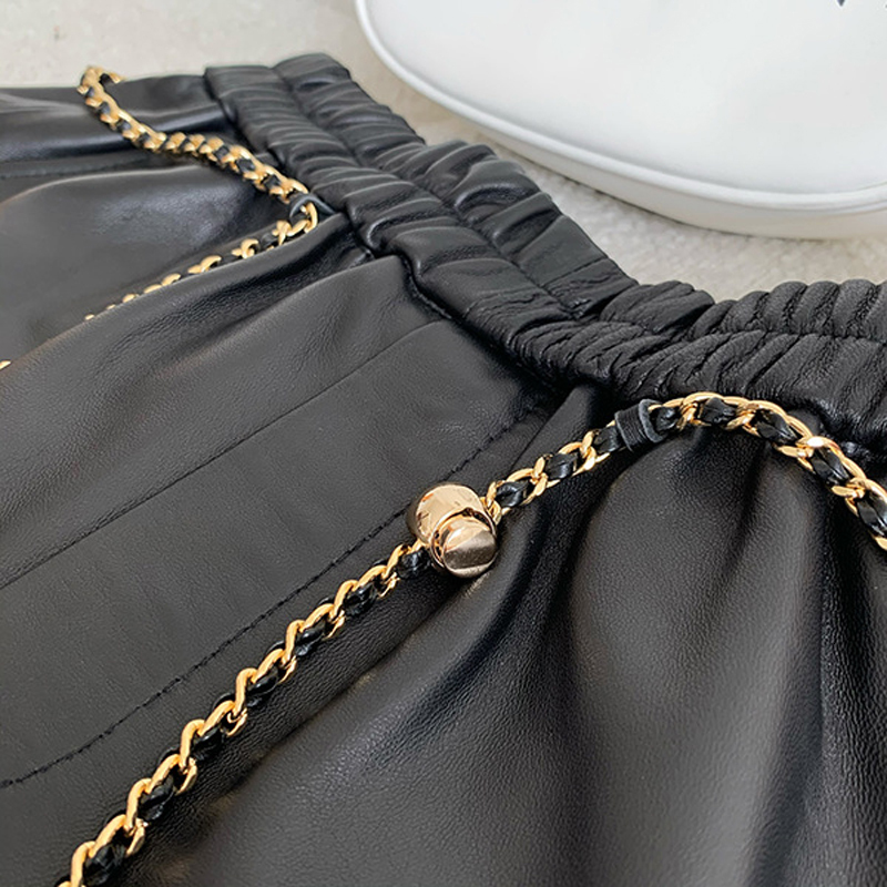 Women Genuine Leather Pants 2023 Versatile A-E Golden Chain Wide Leg Elastic Waist Shorts Grey Pantalones Casual Ropa Mujer