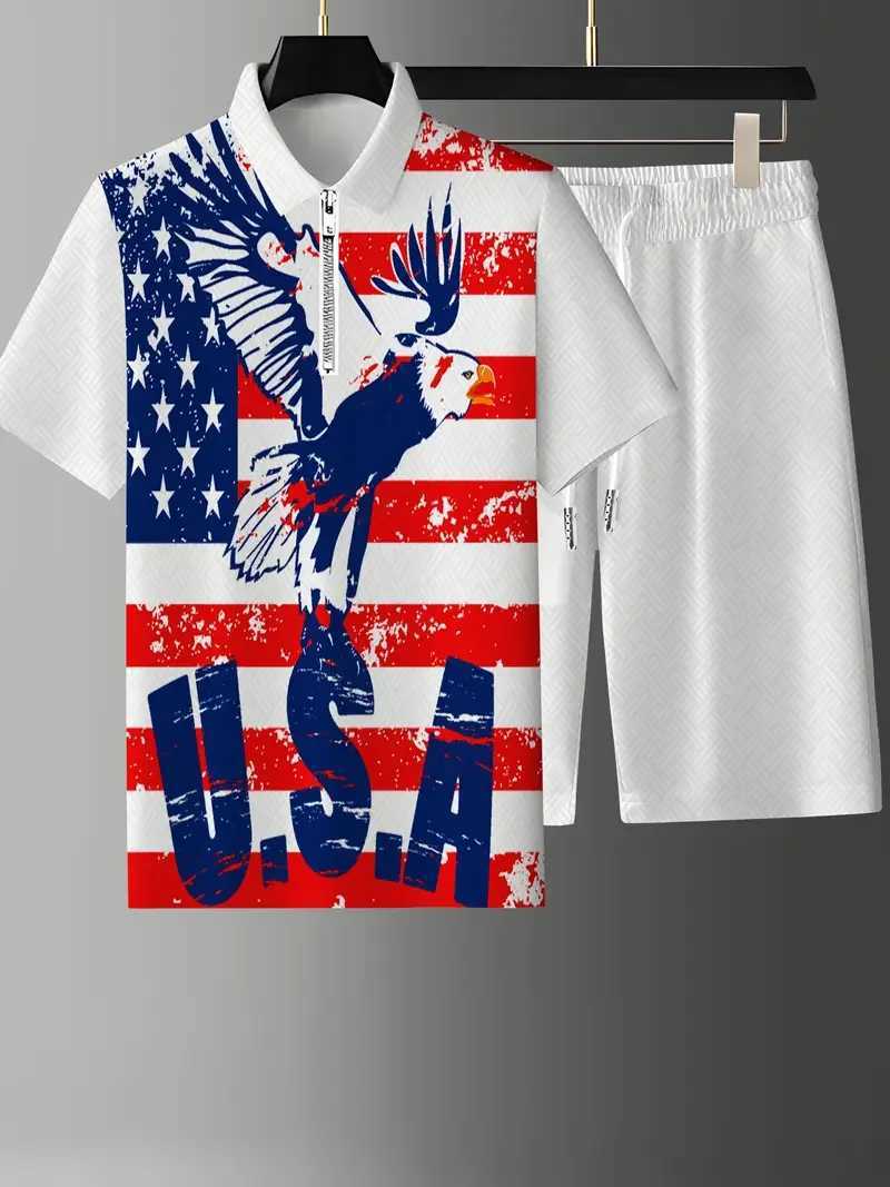 Zipper set summer mens 3D printed Australian flag pattern zipper shirt+shorts 2-piece unisex fashionable casual jacket W241104