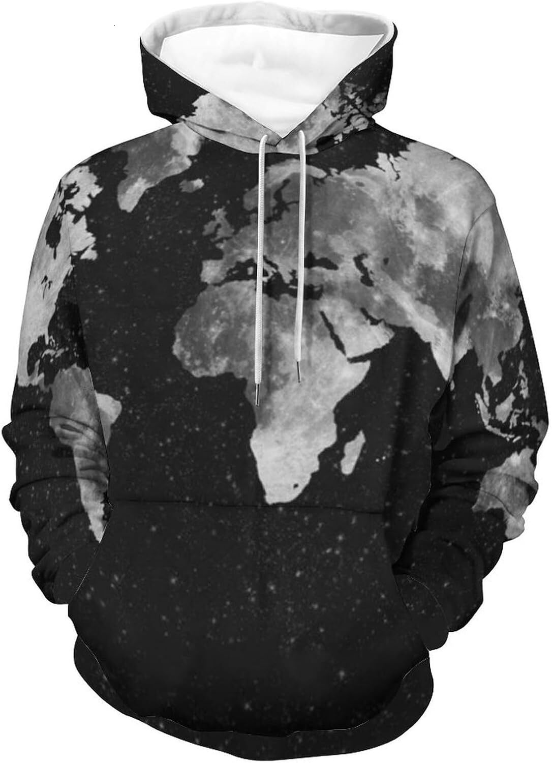 Hoodie for Mens Womens Black And White Vintage World-Map Hoodies for Men 3D Print Pullover Hooded Drawstring Loose Sweatshirt with Big Pockets Graphic