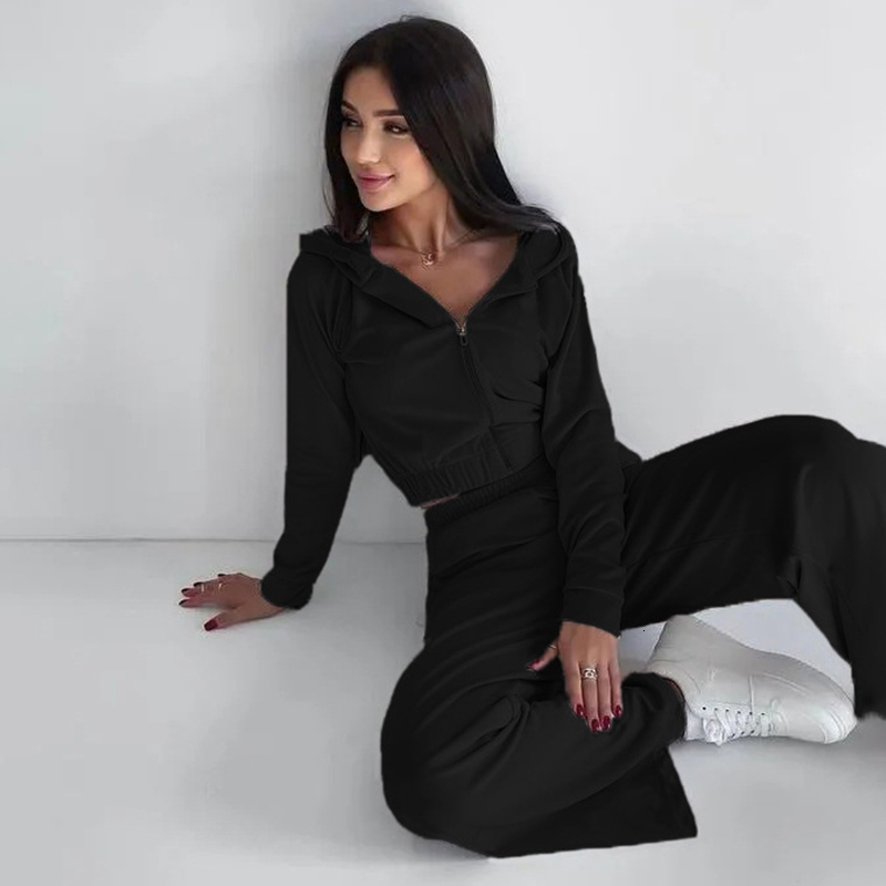 Autumn New Female's Casual Sport Pants Suit Solid Color Long Sleeve Cardigan Hoodie Elastic Trousers Women Fall Two-Piece Set