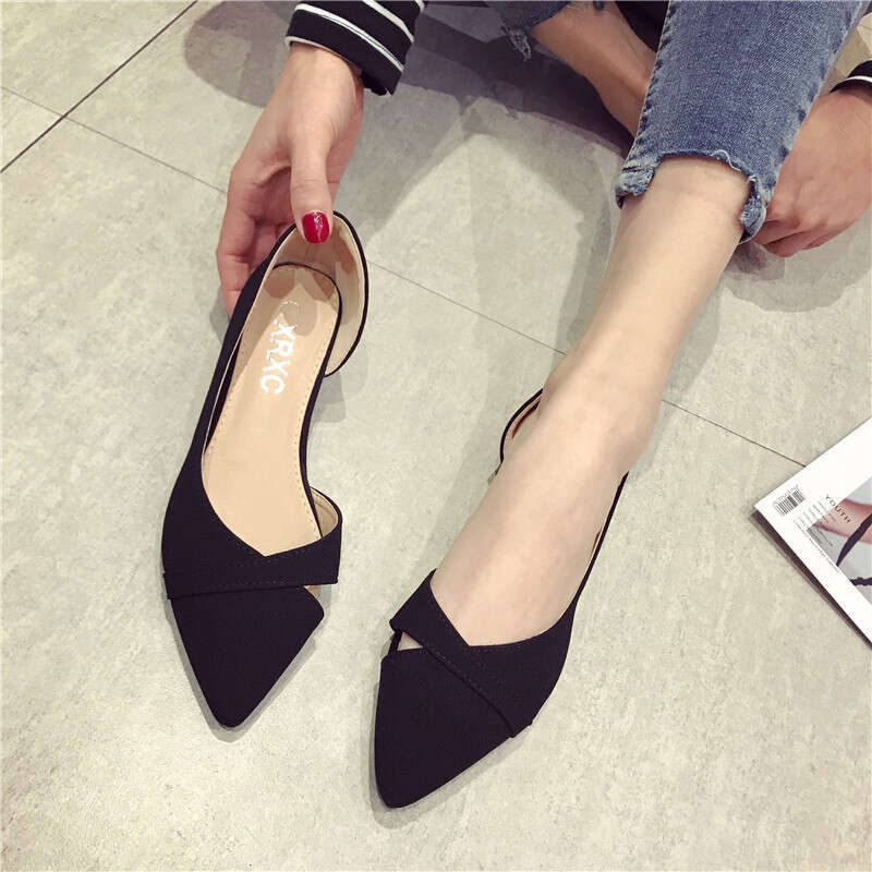 Comfortable And Versatile Pointed Shallow Mouth Black Suede With Soft Soles That Are Not Tiring, Flat Bottomed Professional Work Shoes For Women'