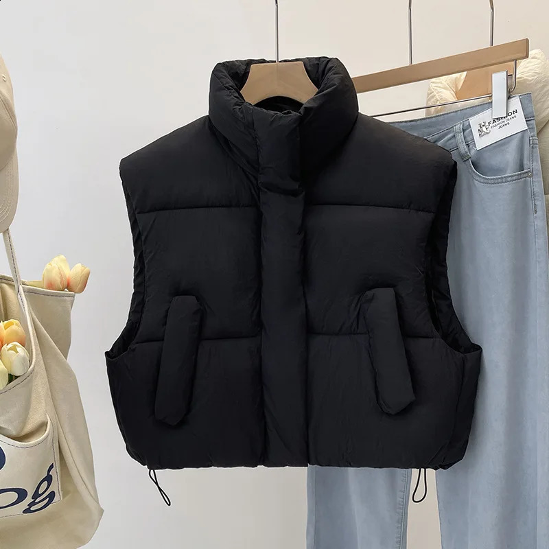 Womens pure cotton vest autumn and winter stand collar thick loose short sleeved pure cotton vest jacket trend 241105