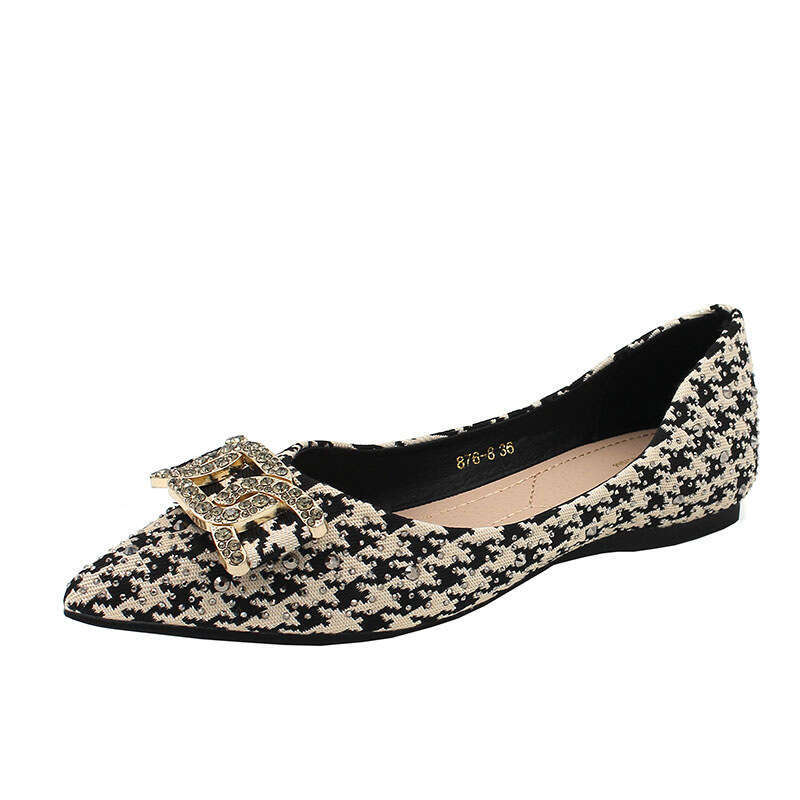 Single Shoe Spring New Pointed Shallow Mouth Rhinestone Decorated Flat Bottomed Soft Soled 2023 Thousand Bird Grid Interior Height Increasing Women�