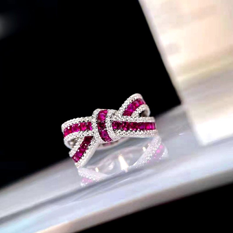 Ring 925 sterling silver bow diamond ring ribbon irregular bar cross crystal ring light luxury fashion wedding ring
