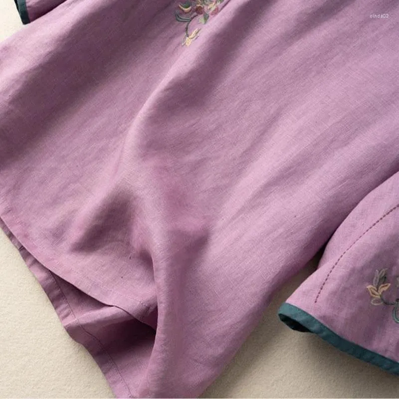 Ethnic Clothing Cheongsam Women's Plus Size Short Tops Summer Cotton Linen Embroidery Splicing Slim Fit Chinese Style Qipao Shirts