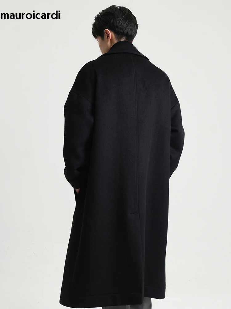 Mauroicardi Autumn Winter Long Oversized Casual Soft Warm Dark Grey Woolen Coats Men Loose Stylish er Clothes 241104