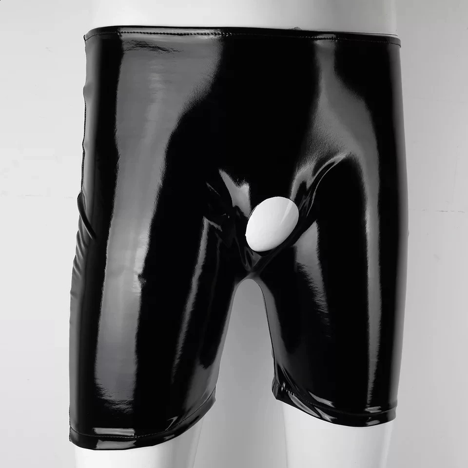 Mens Sexy Open Crotch Shiny Casual Leather Pants For Sex Glossy PVC Latex Crotchless Boxer Male Erotic Bottom Underwear 241105