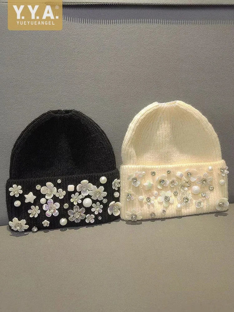 Autumn Winter Women Fashion Knitted Hat Versatile Solid Color Pearl Flower Diamonds High Street Casual Beanies Female 241105