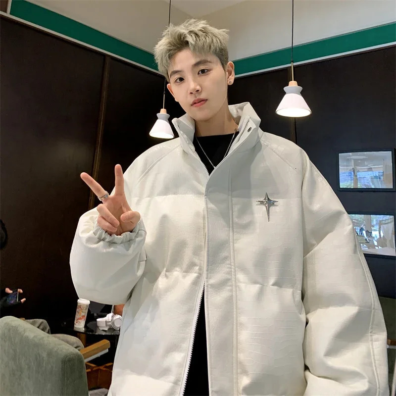 City Couple Down Jacket Winter PU Leather Jacket Pattern Fashion Preparatory Stand Collar Bread Jacket Mens Apron Jacket 241104