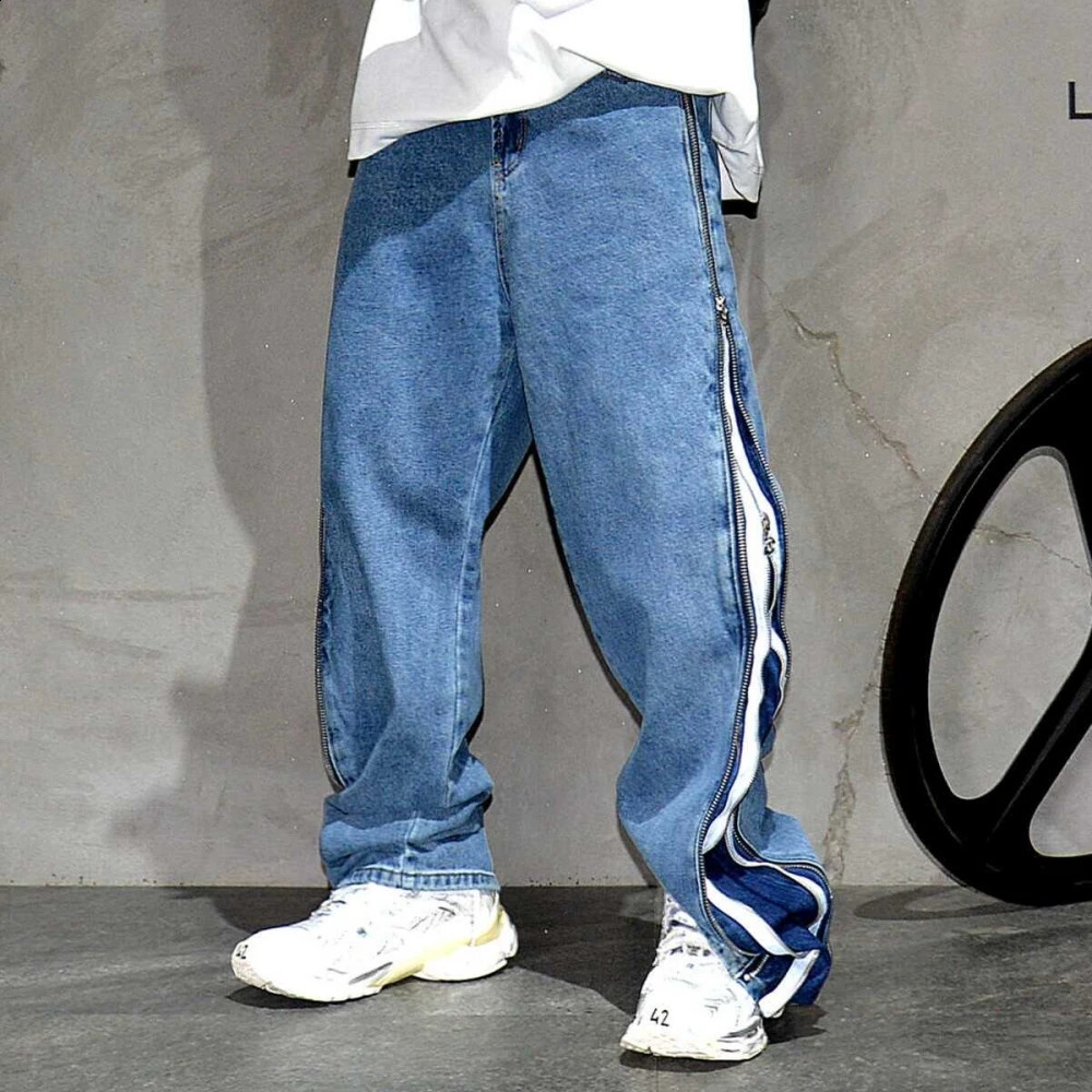 High Quality Korean Fashion Side Zipper Baggy Jeans For Men Streetwear Skateboard Stacked Denim Cargo Pants Loose Trousers 241105