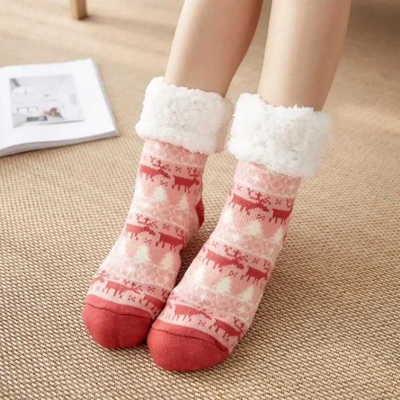 Winter Warm Socks for Women Plush Soft Women Gripless Floor Sliding Short Socks Fluffy Deer Bear Christmas Gift 241104