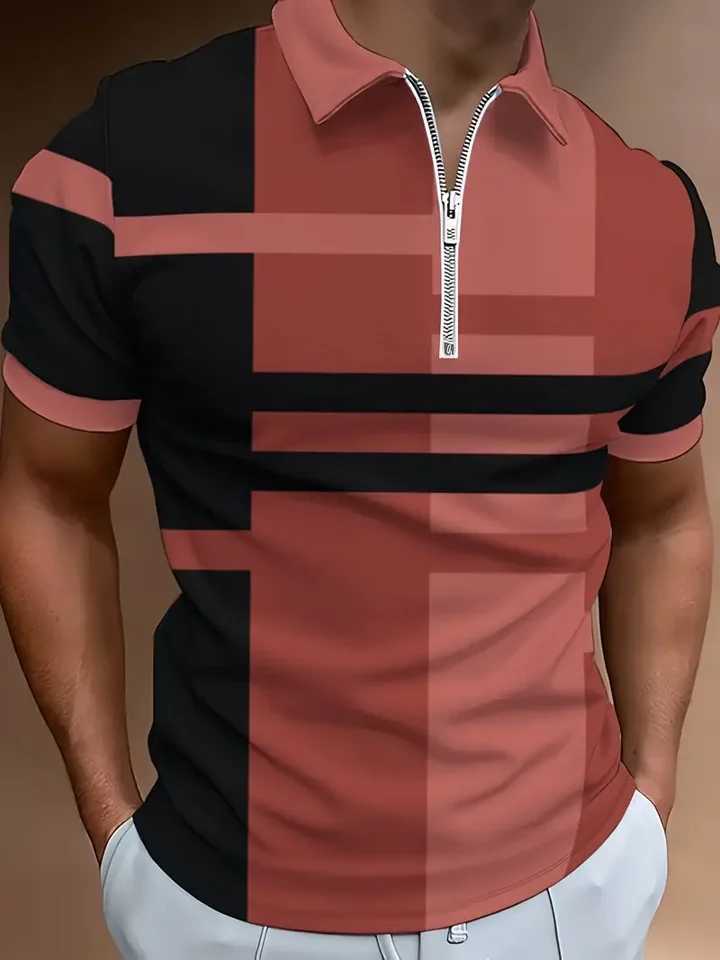 Mens casual breathable short sleeved shirt with collar and zipper fashionable business office summer T-shirt new top W241104