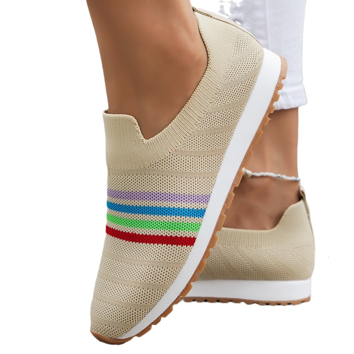 2024 Autumn New Large Flyknit Single Shoes Breathable One Step Stepping Women's Casual Knitted Mother Shoes