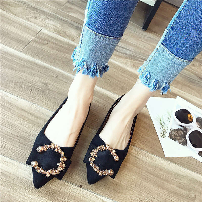 Korean Spring And Autumn Versatile Metal Buckle Pointed Shallow Mouth Suede Women's Comfortable Soft Bottom Fairy Style Flat Single Shoes For Wom