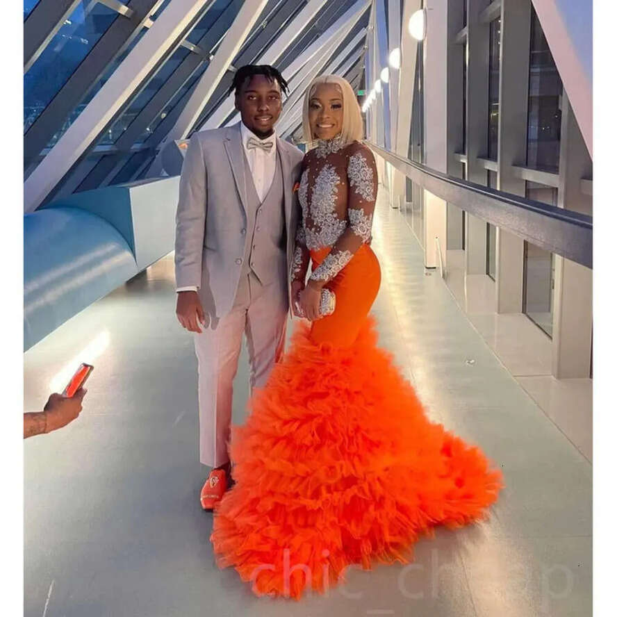 Orange Arabic Ebi Aso Mermaid Prom Dress Lace Beaded Evening Formal Party Second Reception Birthday Engagement Gowns Dresses Robe De Soiree ZJ Es