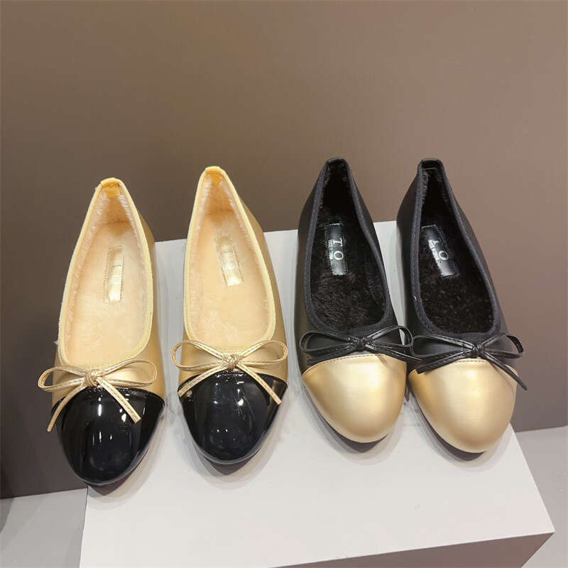 Single Shoe Women's Round Headed Bow, Small Fragrant Style, Soft Sole, Shallow Mouth Fairy, One Foot Kick, Korean Version With Plush Flat Bottom 