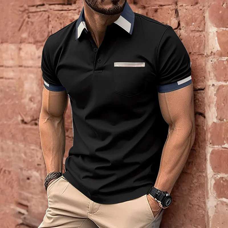 2024 new mens casual shirt chest pocket V-neck button stripe splicing solid color lapel mens slim fit shirt W241104