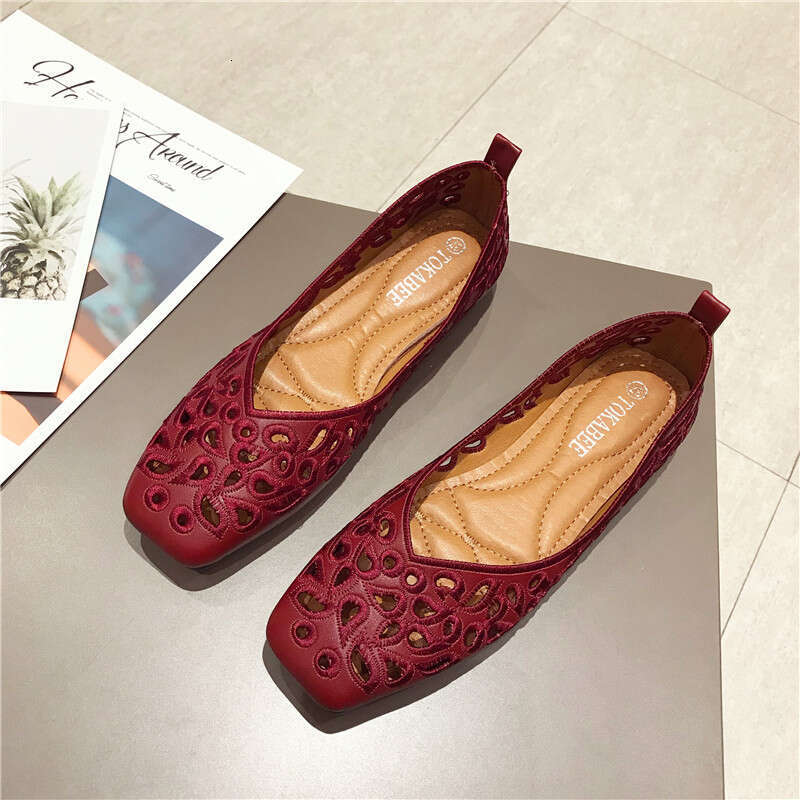 Summer Sandals, Hollowed Out Fashionable Work Black Women's Shoes, Flat Sole, Single Shoe, Hole, Simple Square Toe Shoes