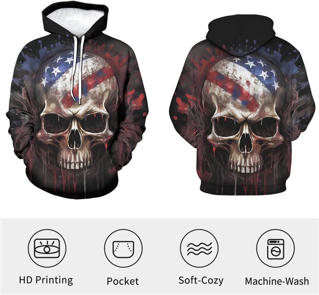 Hoodie for Mens Womens Mens American Flag Skull Pattern Hoodie 3D Skull Print Hoodie Graphic Hoodies sweatshirt Cool and cool