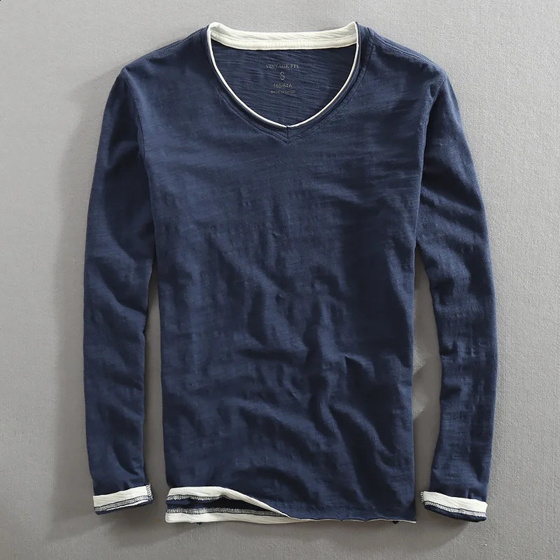 Mens Long Sleeve T-shirt Cotton V-neck Solid Casual Tops Tees for Men Japanese Vintage Frayed Collar and Raw Edges Tshirt 241105
