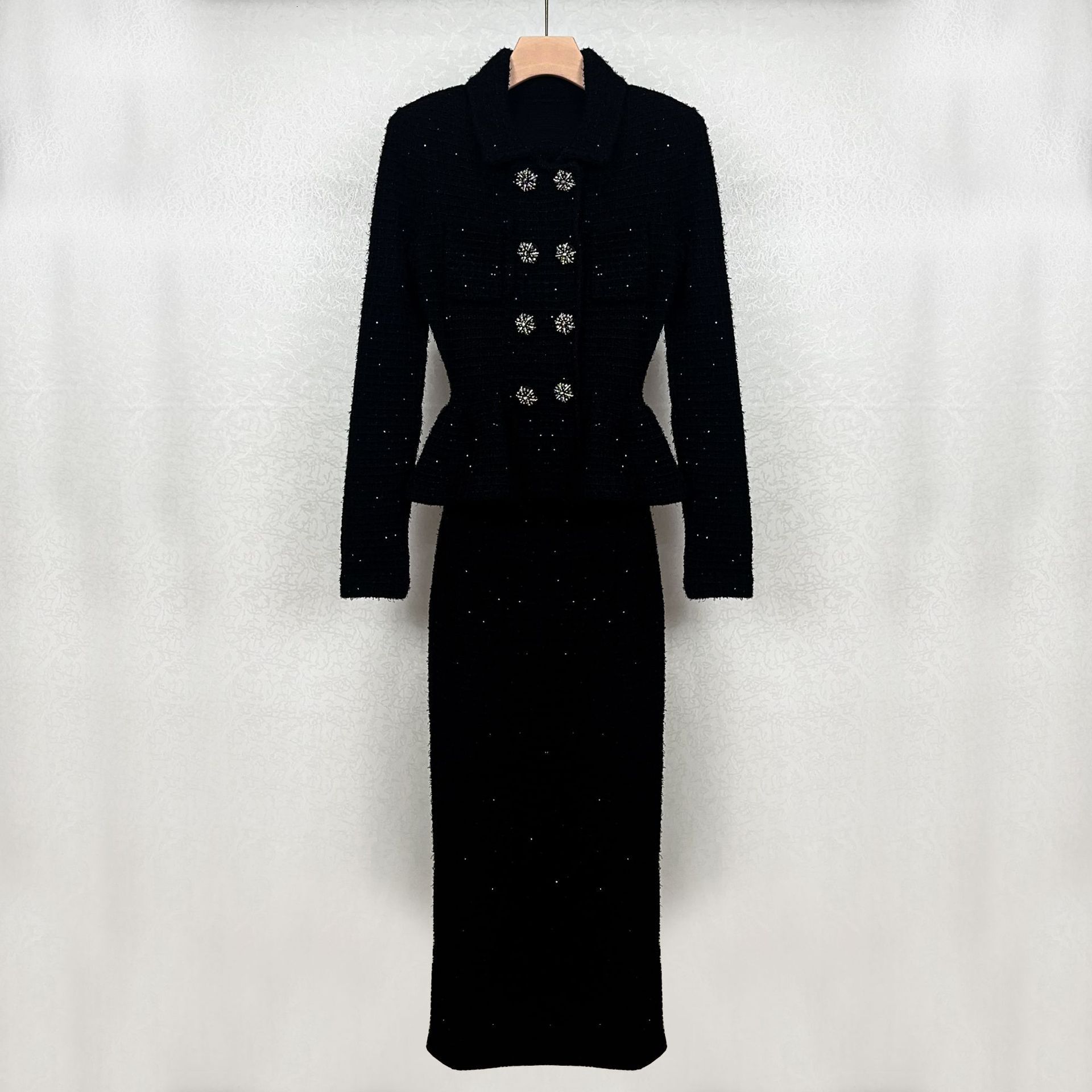 Quality Double Breasted Dia Sequin Knitting Evening Dress Women Long Sleeve Peplum Midi Party Dresses Black Knitwear