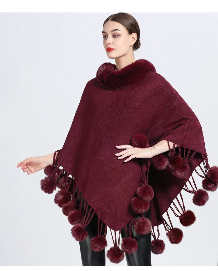 Poncho Scarf Fur Ball Decoration Shawl Faux Collar Womens Cape Fringed Asymmetric Cover Up Diamond 241105
