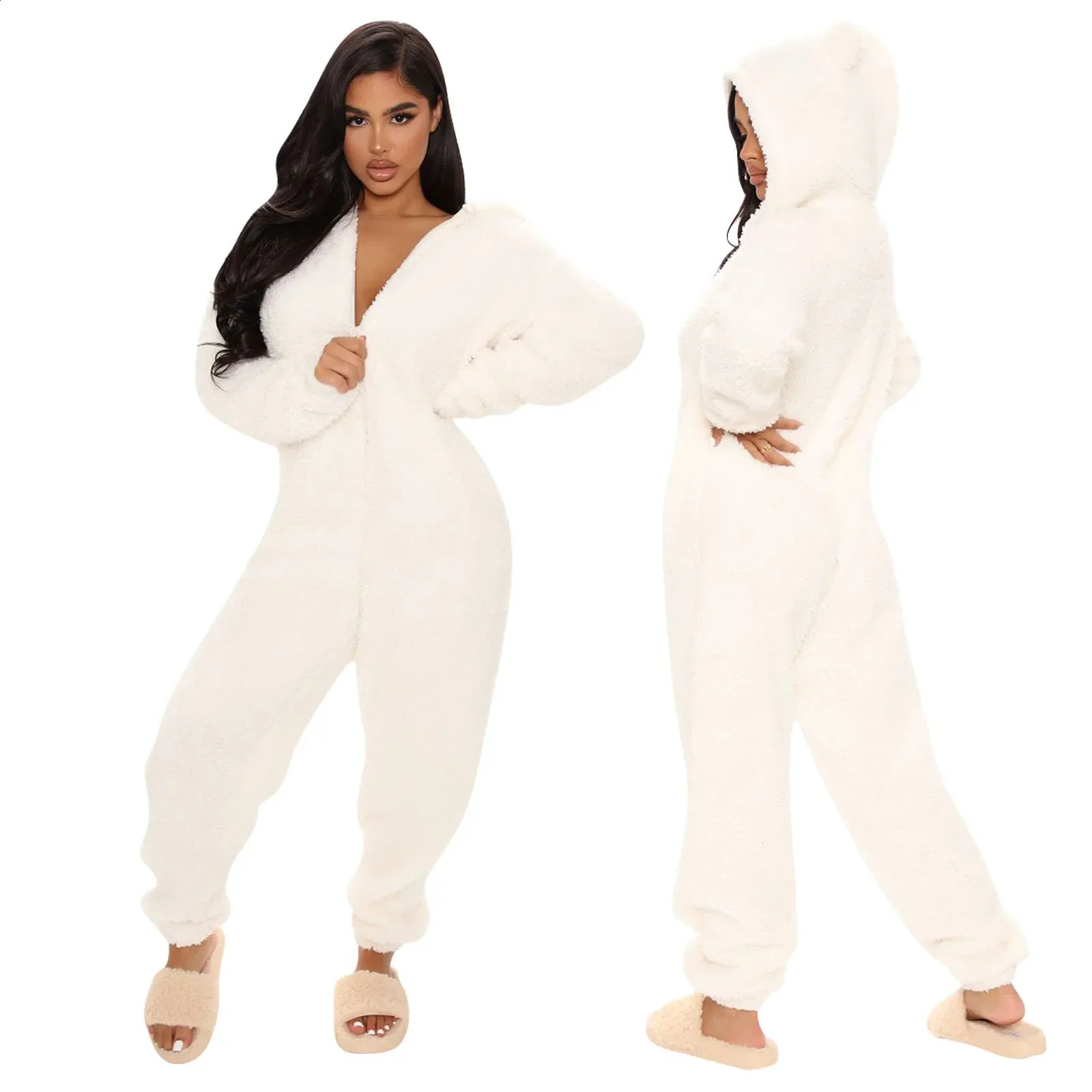 Oversize Fur Winter Teddy Ear Cute Sleepwear Onesies Jumpsuit Hooded Pajamas Homewear Warm Pajamas Robes Nightgown Thick Suit 241105