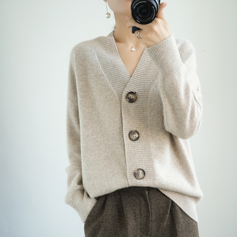 Autumn And Winter New Solid Color V Neck Knitted Cardigan For Women Lazy Style Loose Large Size Simple Sweater Coat Outer Top F1105#42