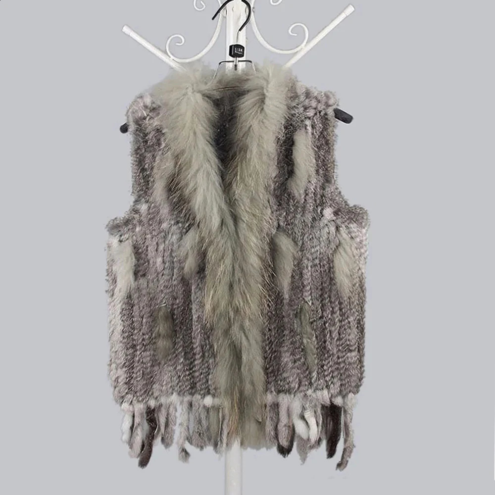 Women 100%Natural Real Rabbit Fur Vest Tassels Knitted Genuine Fur Waistcoat Lady Fashion Raccoon Fur Collar Outerwear 241105