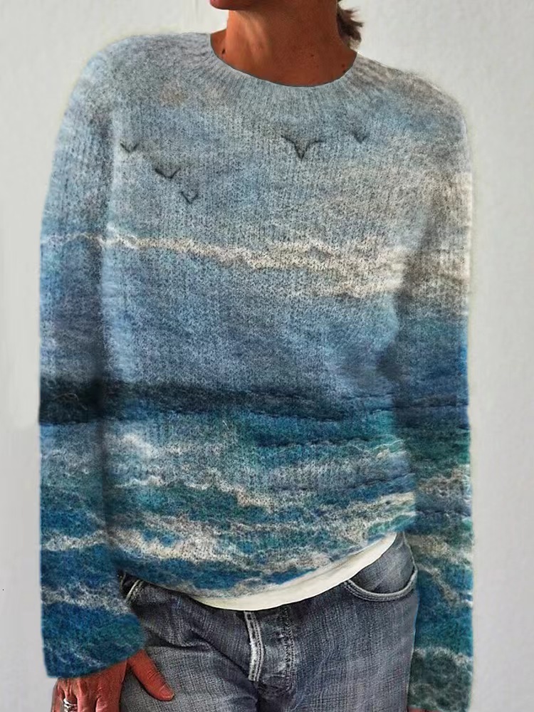 Autumn Fashion Casual Loose Thick 3D Printed Women's Pattern Pullover Sweater Casual Loose Long Sleeved Knitted Top