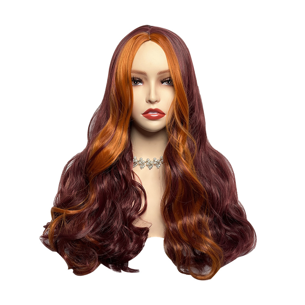 Wig women long curly orange wine red wig simulation scalp big wave wig full head set