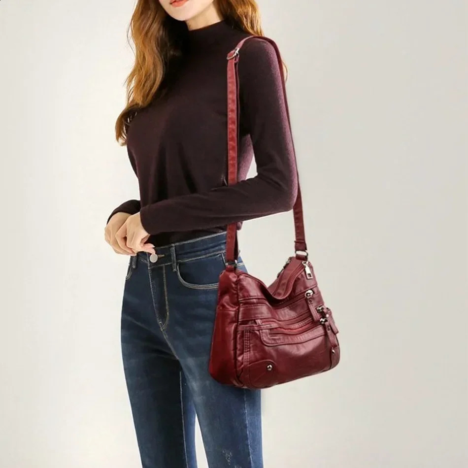 Fashionable soft leather cross body bag casual womens multi pocket messenger bag retro shoulder handbag 241105