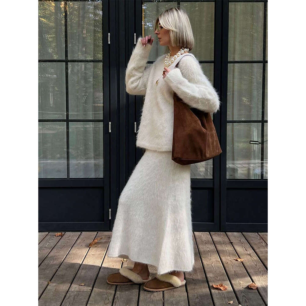 Women Solid Mohair Cashmere Sweater Skirt Suit Fashion O Neck Long Sleeve Knit Pullover Set Autumn Chic Lady Street Outfits