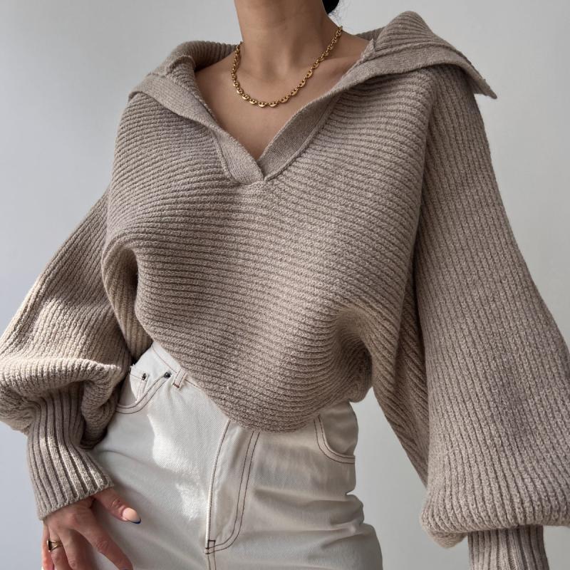 2024 Fall Women's Loose Knit Sweater Female Solid Color Casual Wear Lady Winter Monochromatic Large Size Lapel Knitted Clothing
