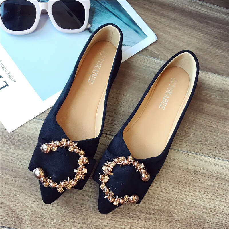 Korean Spring And Autumn Versatile Metal Buckle Pointed Shallow Mouth Suede Women's Comfortable Soft Bottom Fairy Style Flat Single Shoes For Wom